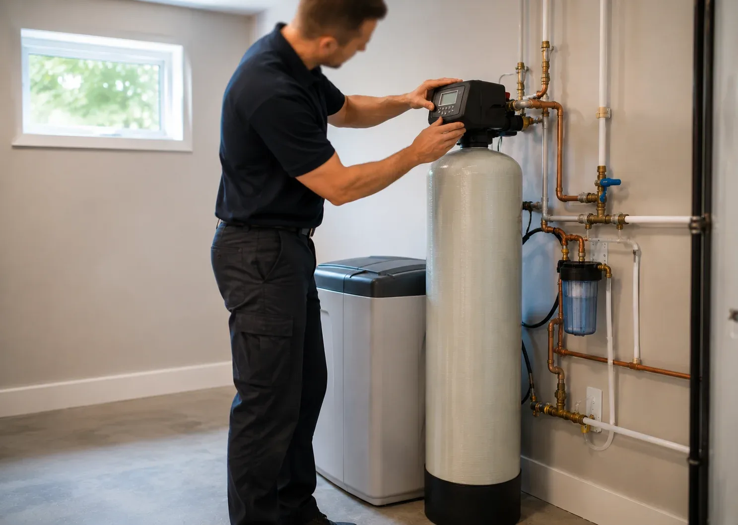 Licensed plumber installing a water softener system in a Niagara Falls home