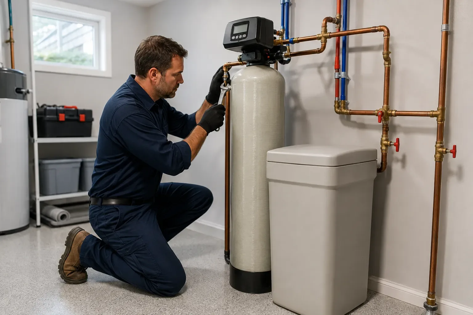 Certified Niagara Falls plumber connecting a water softener and brine tank